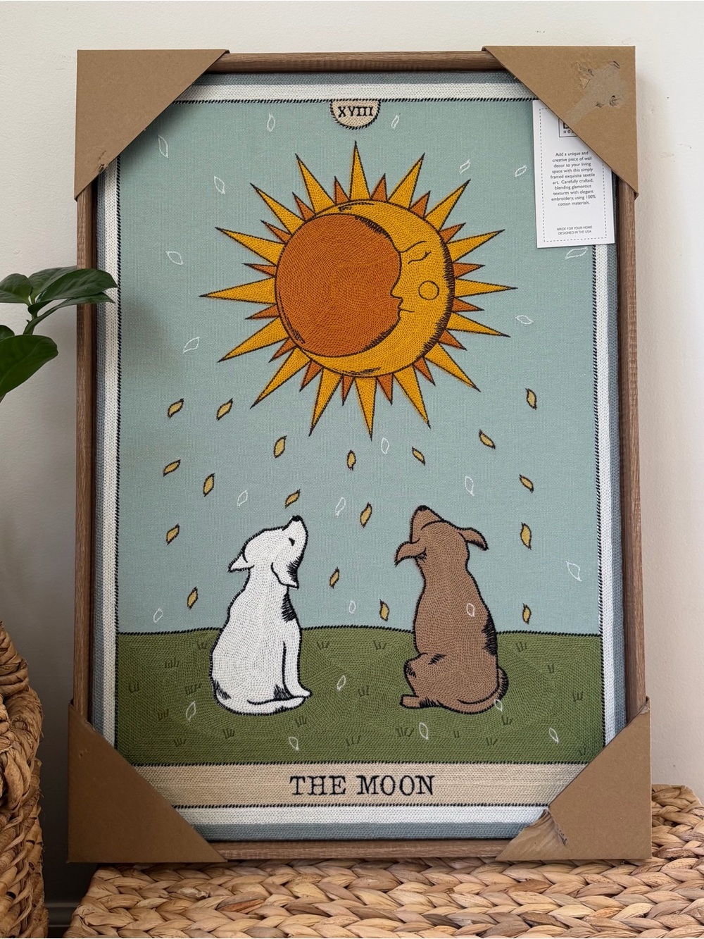 NEW BP Home Textile Embroidery Woven Wall Art THE MOON Dogs Howling 17”X 21”
